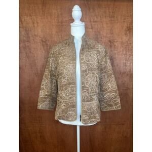 Coldwater Creek jacket blazer 14P brown floral embroidered zip front 3/4 Sleeves